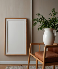 picture frame with blank space for artwork or photograph, standing on a wooden surface against a textured grey wall background