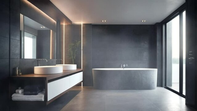 Interior of bathroom with gray and tiled walls, concrete floor, white bathtub with towel on it and double sink standing on gray countertop with two vertical mirrors. 3d rendering