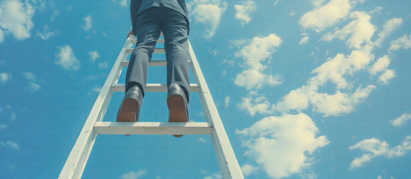 Businessperson Climbing Ladder Towards Sky, ambition and career progress, space for text