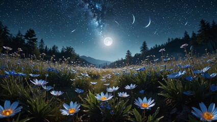 Blue Flowers in a Field Under a Starry Night
