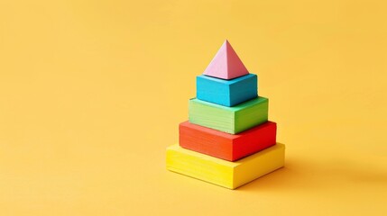Colorful geometric wooden stacker toy on a vibrant yellow background. Perfect for educational and playful concepts.