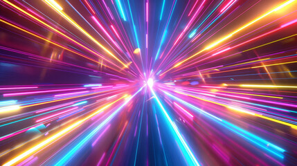 Obraz premium 3D render, abstract neon light rays background with colorful glowing lines in space, fast speed motion, bright explosion effect