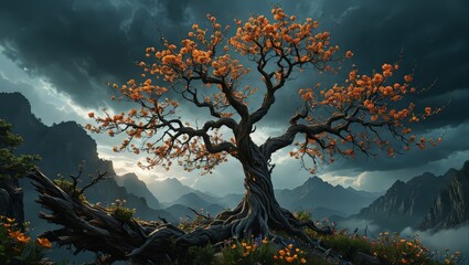 Fototapeta premium Majestic Blossom Tree on Mountaintop
