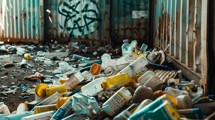 Medical waste in landfill, pile of used syringes, medicine bottles and bandages, closed area with biohazard warning sign, Ai generated Images