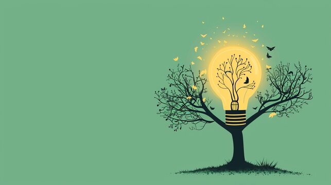 Creative concept of a tree with a glowing light bulb, symbolizing growth and innovation, with a minimalist green background.