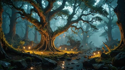 Fototapeta premium Enchanted Forest Stream at Night