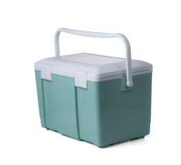 Handheld green refrigerator isolated on white background