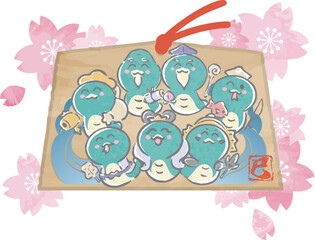 年賀状　2025　絵馬　七福神　宝船　巳年　巳　へび　蛇　手描き　水彩　かわいい　正月　イラスト