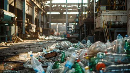 Plastic waste in a factory, piles of used bottles and plastic bags scattered around, large machines in the background, Ai generated Images