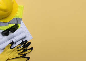 Goggles construction drawings and hard hat,start project construction concept.