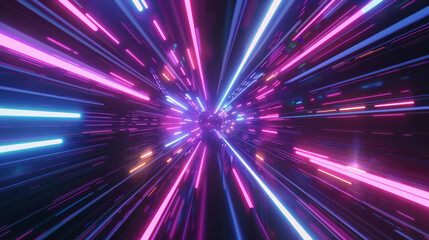 Naklejka premium 3D render, abstract neon light explosion background with colorful glowing lines in space for a spaceship tunnel effect, speed motion and time travel concept
