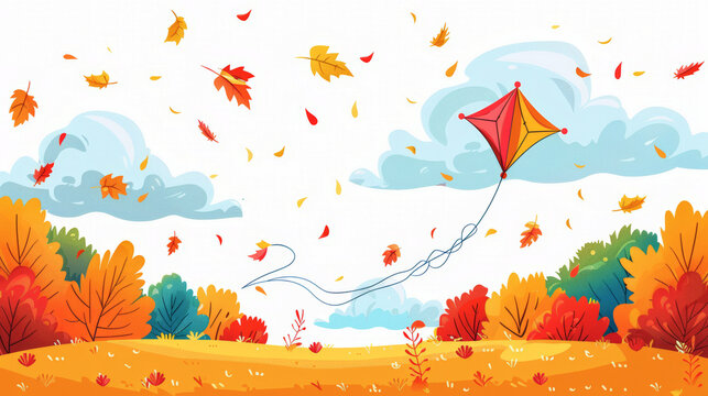 A bright kite flying among colorful autumn leaves under a blue sky with scattered clouds