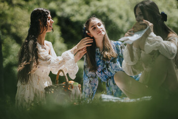 Three friends, possibly sisters, enjoy a relaxed picnic on a sunny day outdoors, showcasing a...