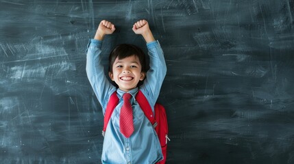 Smiling Boy Flexing Muscles in Front of Chalkboard