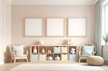 Mock up picture frame in children room interior background, neutral colours, 3D render