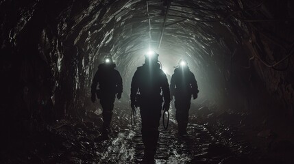 Fototapeta premium A man in a black suit is walking through a tunnel with two other people. The tunnel is dark and the man is wearing a helmet