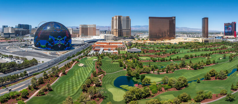 Las Vegas, Nevada USA - May 24 2024: Aerial view west across Wynn Golf Club towards the Wynn hotel