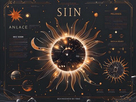Minimalist Line Art Infographic of Luminous Celestial Sun Silhouette with Streamlined Metallic