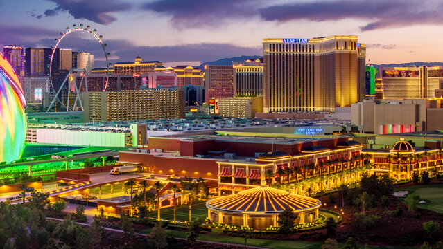 Las Vegas, Nevada USA - May 24 2024: Aerial night view of the Venetian hotel