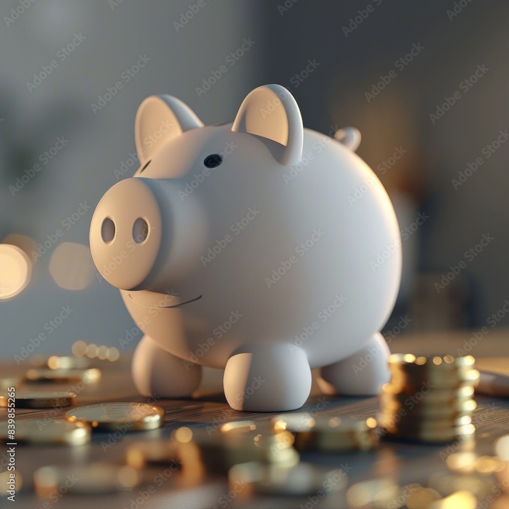 Poster 3d cartoon piggy bank with coins being counted a 3d white piggy bank with a digital counter displayi