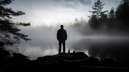 A man stands on a lake in the fog. The scene is quiet and peaceful, with the man being the only person in the image. The fog adds a sense of mystery and solitude to the scene