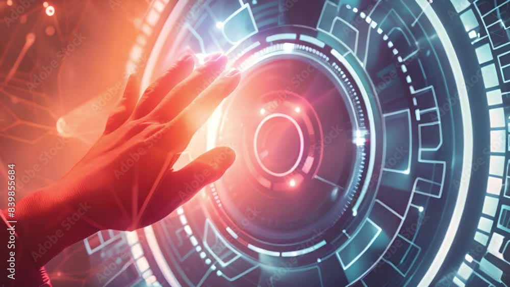 Poster hand touching virtual screen theme front view representing circular diagram and technology innovatio