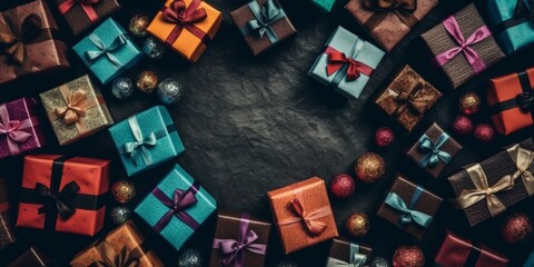 dark oaken background with beautiful texture and colorful gift boxes, top view