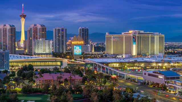 Las Vegas, Nevada USA - May 24 2024: Aerial twilight view looking north east across Wynn Golf Club towards Westgate and the convention center