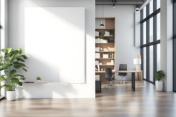 Fototapeta premium Modern Light Office with Blank Mockup Banner, Shelves, and City View 3D Rendering