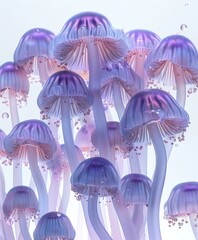Magical luminescent violet mushrooms cluster, illustration, sketch cutout