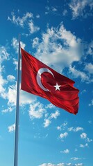 Turkey flag on a flagpole against a blue sky