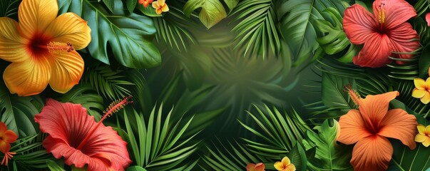 Abstract background with vines and tropical flowers. Copy space. Banner