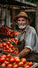 Smiling farmer with fresh tomatoes at market Generative AI image