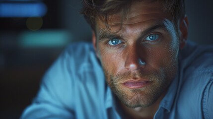A close-up portrait of a handsome man with striking blue eyes and a thoughtful expression. The dim, moody lighting enhances the depth of his features and the intensity of his gaze. Perfect for mental 