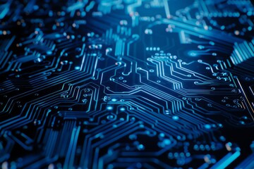 Digital chip on blue technology background in lines, connected dots, and triangles