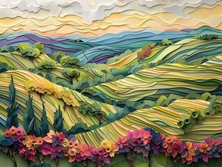 3D paper art of a vineyard with rolling hills, Soft pastels, Layered depth, Idyllic wine country landscape