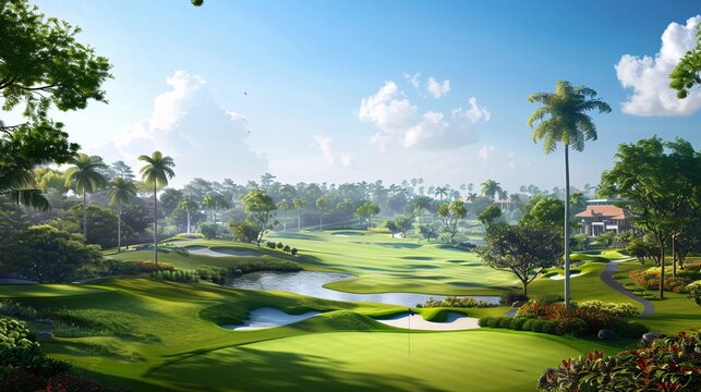 An exclusive golf course surrounded by picturesque landscapes, with wealthy individuals enjoying a round of golf, symbolizing affluence, leisure, and a prestigious lifestyle