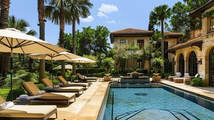 Fototapeta premium A luxurious outdoor pool area with elegant loungers, cabanas, and lush greenery, offering a serene retreat for the wealthy, symbolizing opulence and high life