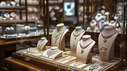 A high-end jewelry store displaying exquisite pieces adorned with diamonds and gold, capturing the essence of elegance, luxury, and high-status fashion