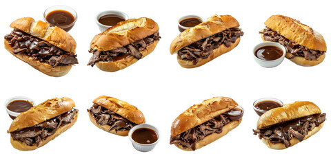 Obraz premium Set of French Dip Sandwich With Au Jus isolated on transparent png background. Generative ai