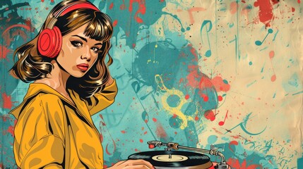 Retro Woman DJing with Vinyl Records on a Graffiti Background