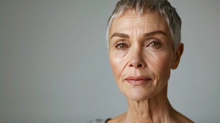 Portrait of Mature Woman With Short Gray Hair and Thoughtful Expression Against Neutral Background