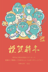 年賀状2025　年賀2025　七福神　巳年　巳　へび　蛇　手描き　日本画　水彩　かわいい　イラスト