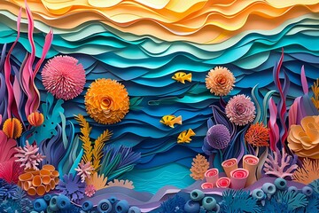Paper art 3D underwater scene with coral reef, Bright pastels, Layered textures, Vibrant aquatic landscape