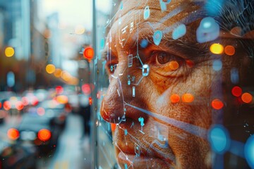 Urban Technology: Senior Man Contemplating Digital Future in a Bustling Cityscape