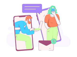 Virtual characters social communication concept business flat vector hand drawn illustration
