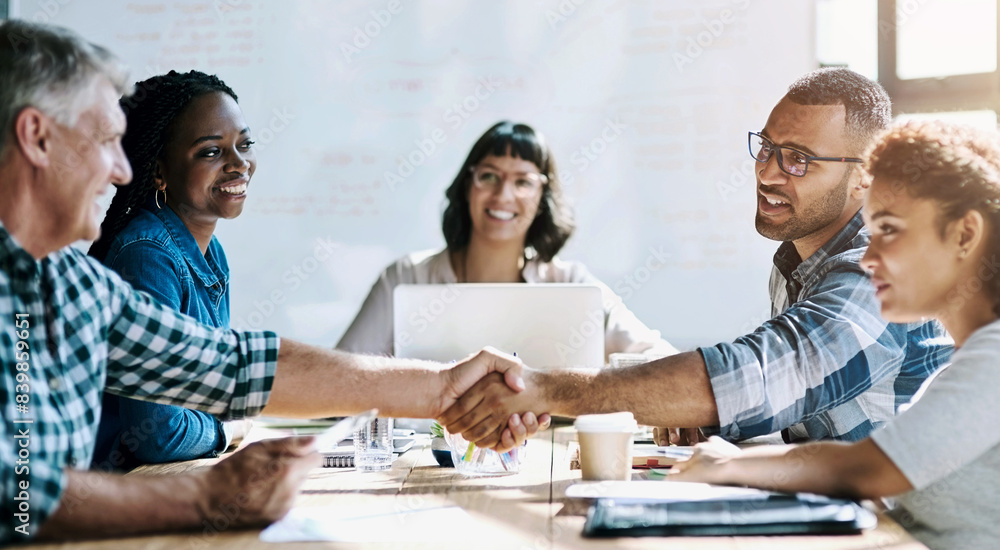 Poster Group, handshake and business people in meeting, teamwork and planning for project, feedback and agreement. Staff, employees or negotiation for company merger, cooperation and collaboration in office