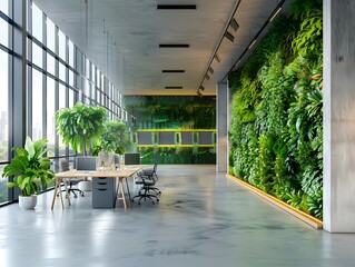 Sustainable Green Office Interior with Natural Lighting and Biophilic Design