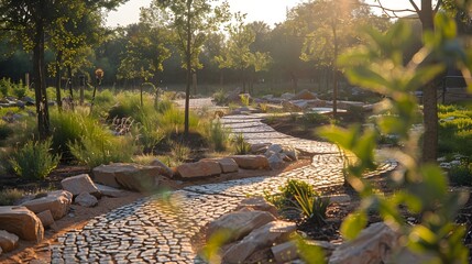 Naklejka premium Nature Reserve with Recycled Paths Promoting Conservation Education and Sustainability