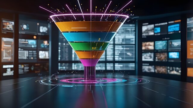 3D model of a sales funnel for use in marketing materials that highlight how AI technology may lead to successful business expansion. Idea of AI technology, business expansion, and augmented reality
